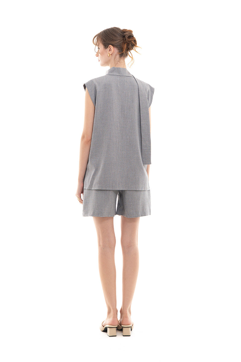 Scarf-Neck Sleeveless Top In Light Grey