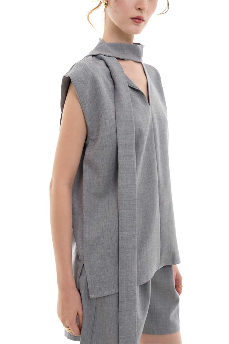 Scarf-Neck Sleeveless Top In Light Grey