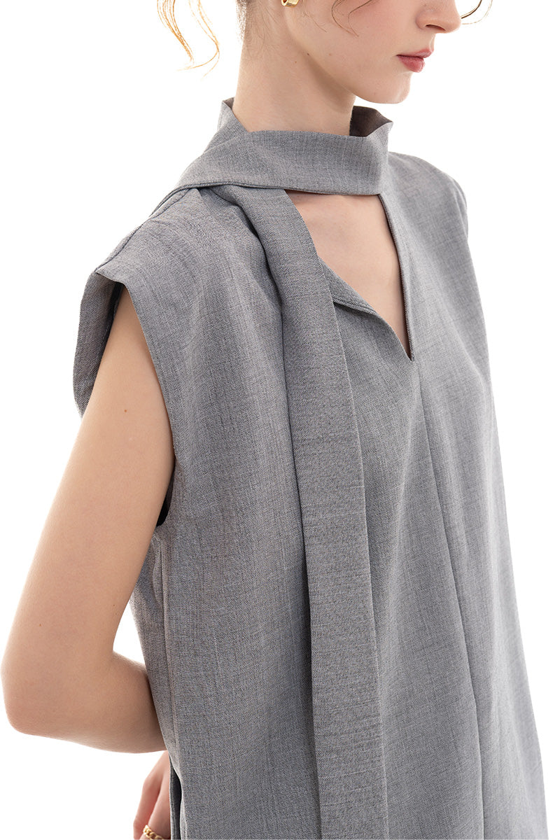 Scarf-Neck Sleeveless Top In Light Grey