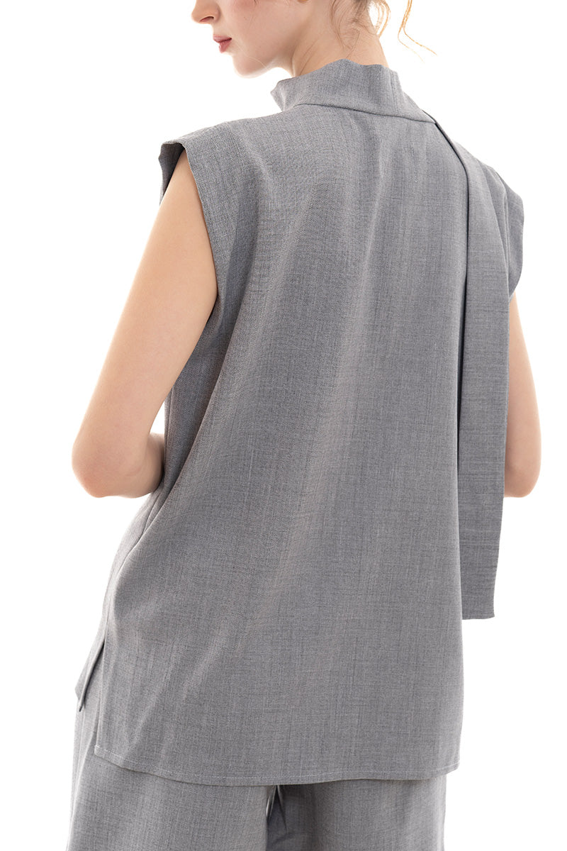 Scarf-Neck Sleeveless Top In Light Grey