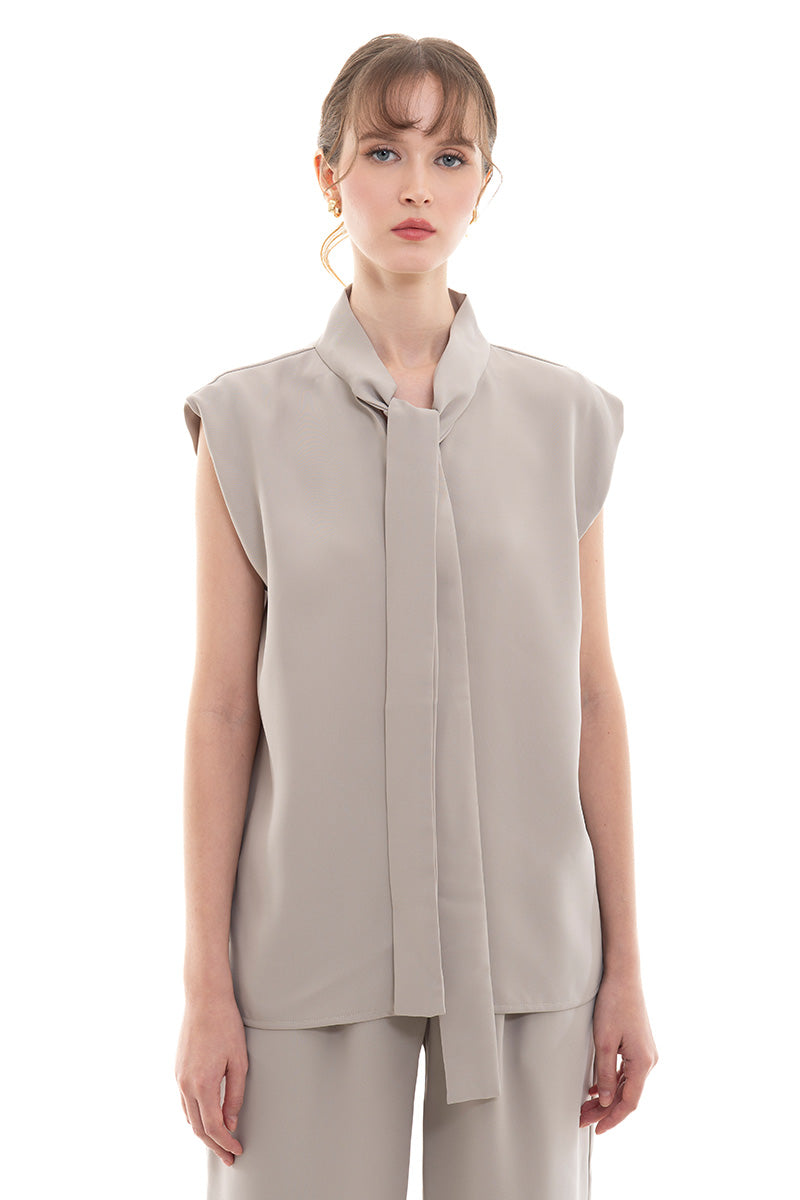 Scarf-Neck Sleeveless Top In Taupe