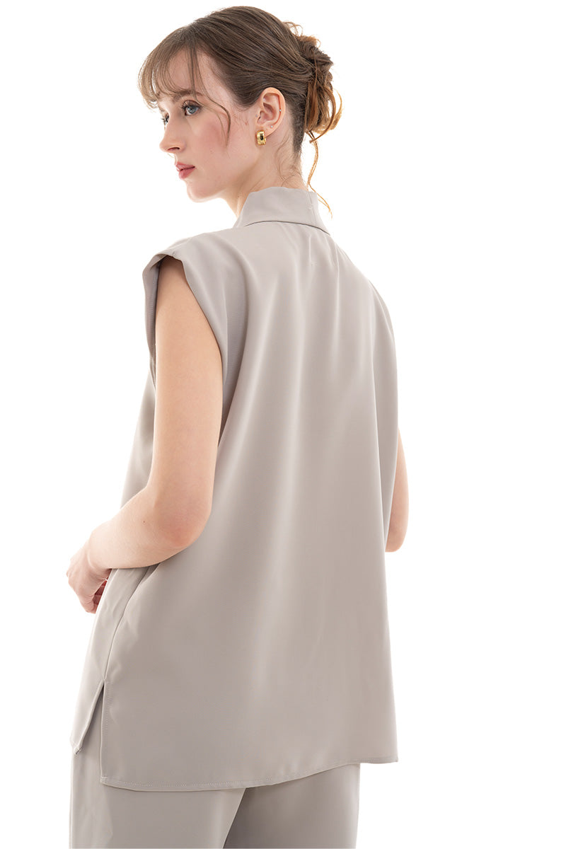 Scarf-Neck Sleeveless Top In Taupe