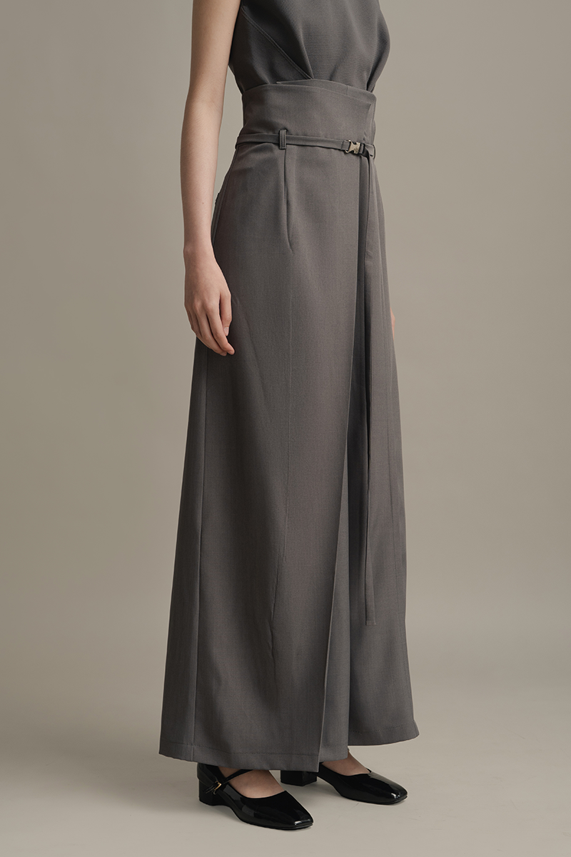 Asymmetric Wrap Wide Leg Pants In Ink Grey