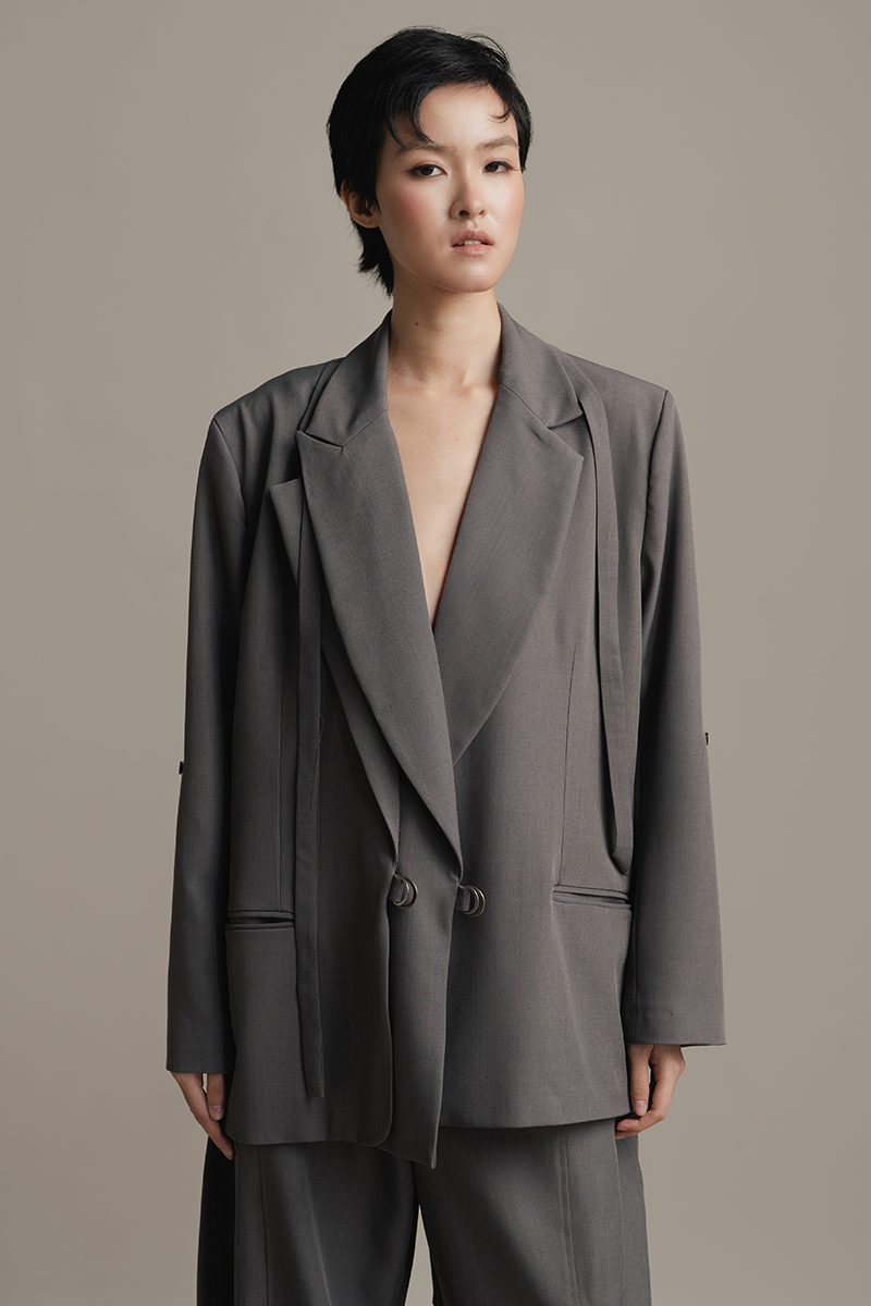 Double-Ring Wrap Blazer In Ink Grey