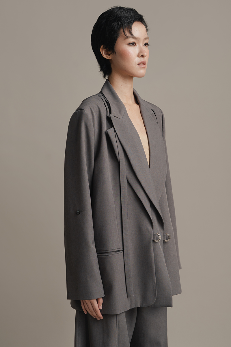 Double-Ring Wrap Blazer In Ink Grey