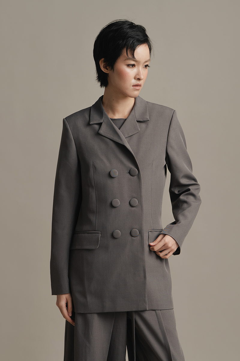 Stand Collar Longfitted Blazer In Ink Grey