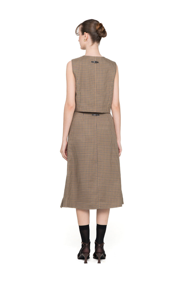 Asymmetric Buttoned Vest In Brown Houndstooth