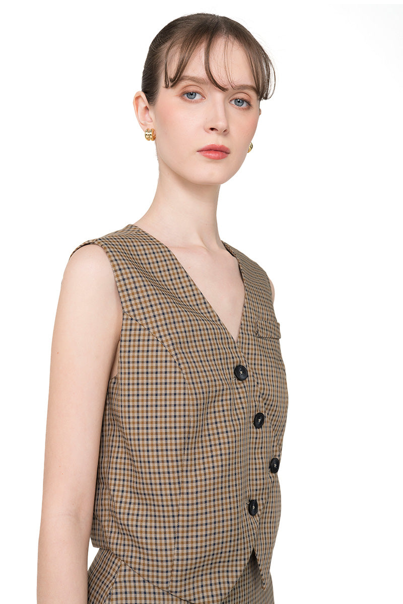 Asymmetric Buttoned Vest In Brown Houndstooth