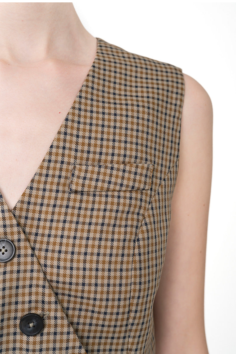 Asymmetric Buttoned Vest In Brown Houndstooth