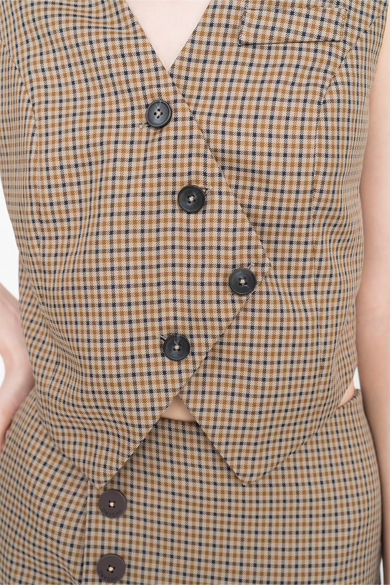 Asymmetric Buttoned Vest In Brown Houndstooth