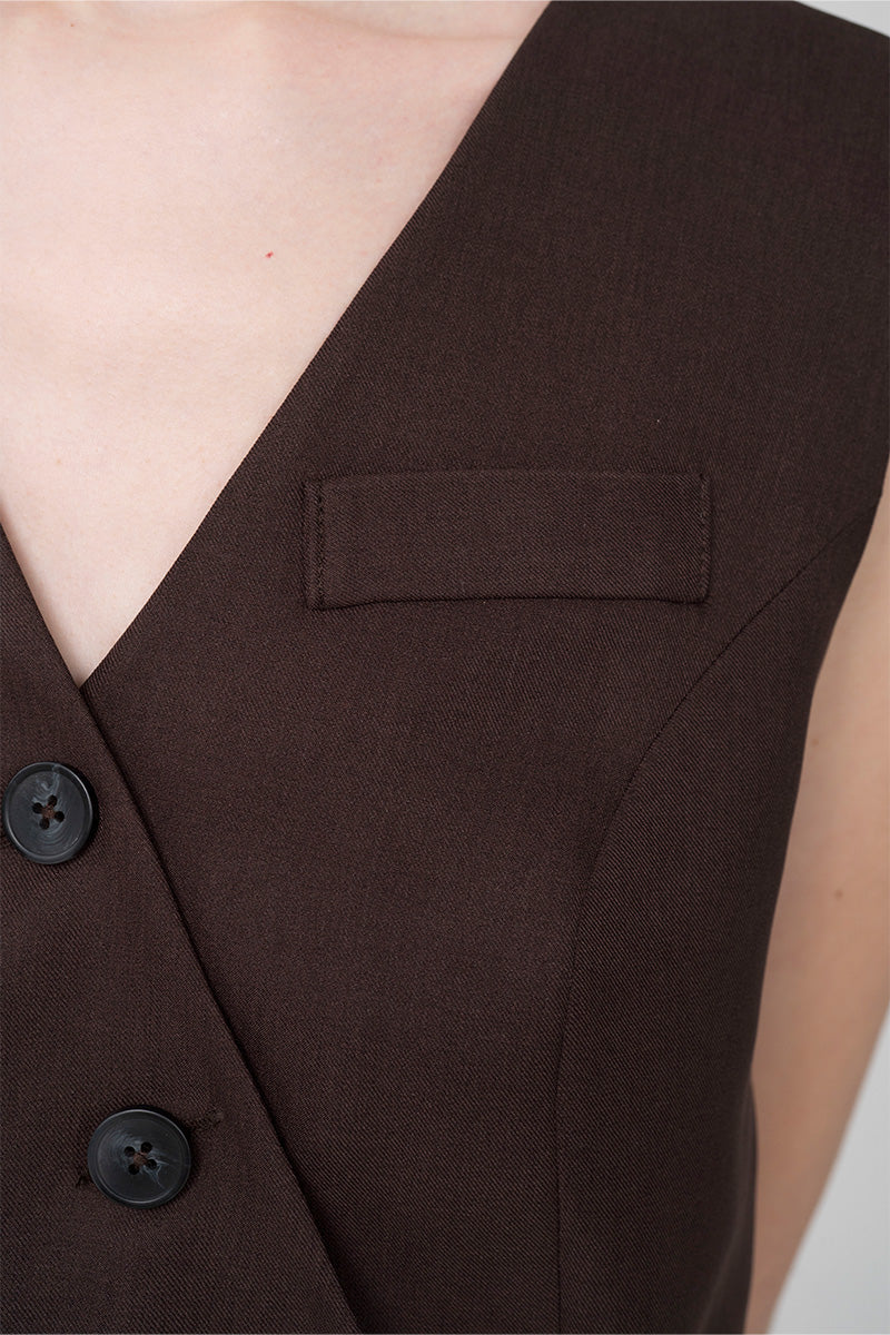 Asymmetric Buttoned Vest In Dark Brown