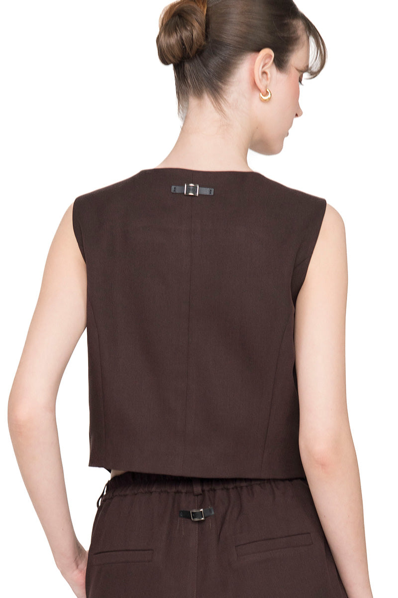 Asymmetric Buttoned Vest In Dark Brown
