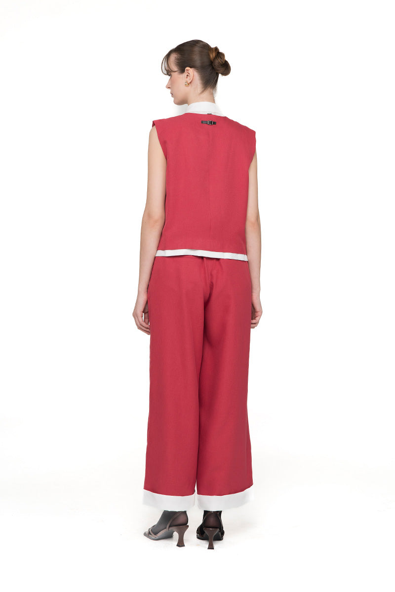 Asymmetric Buttoned Vest With Contrast Hem In Brick Red