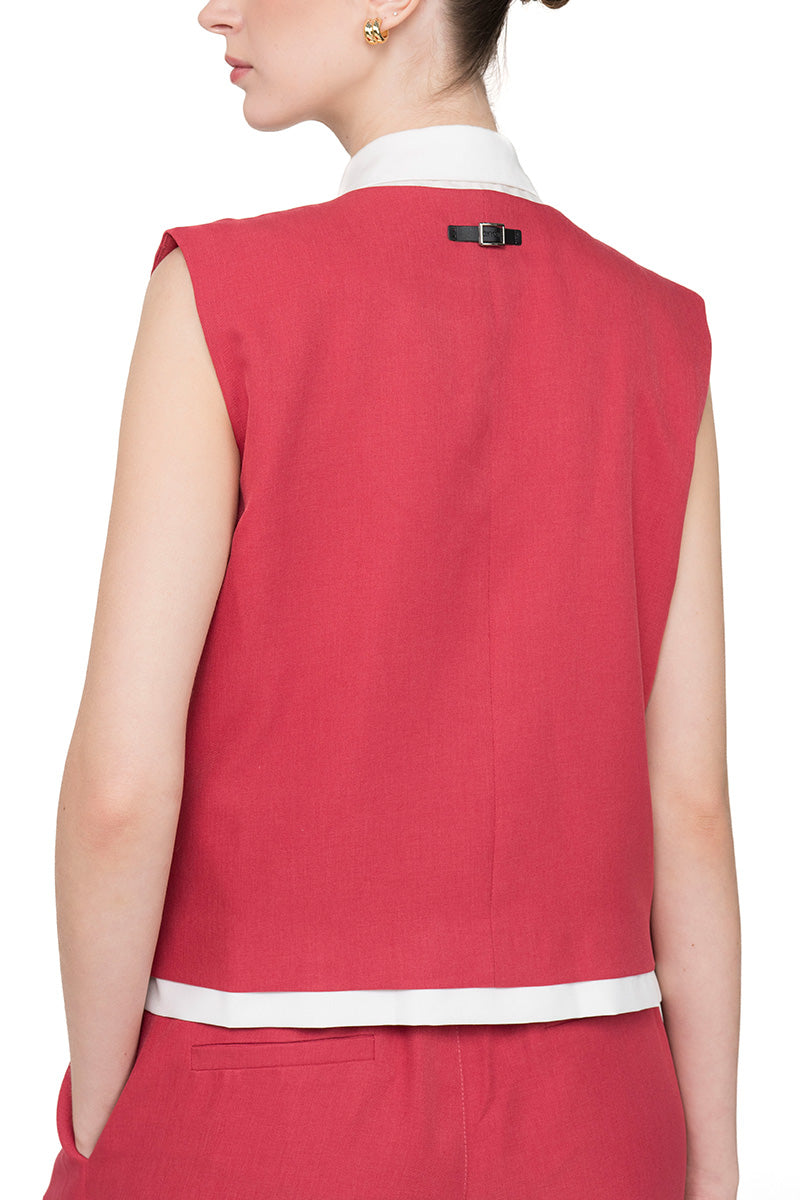 Asymmetric Buttoned Vest With Contrast Hem In Brick Red