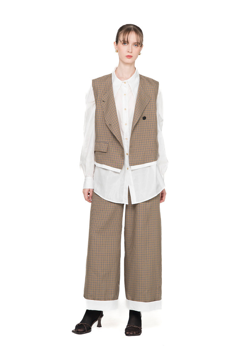 Asymmetric Buttoned Vest With Contrast Hem In Brown Houndstooth