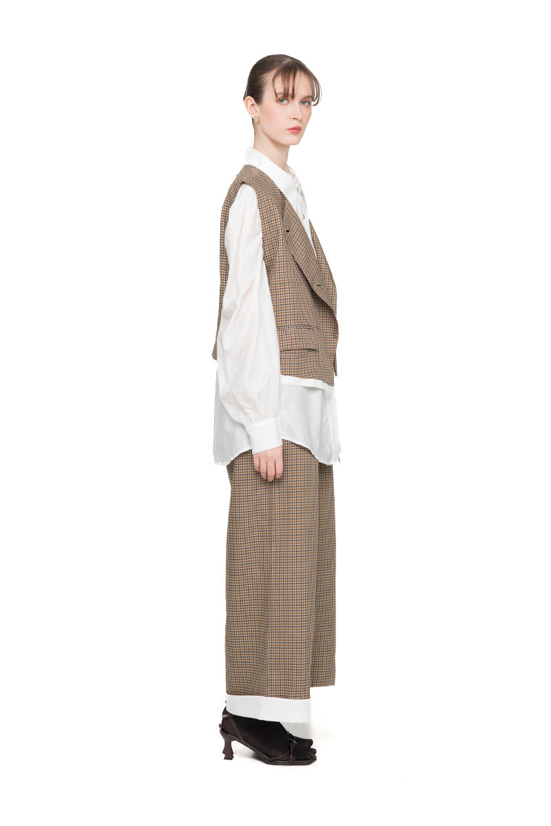 Asymmetric Buttoned Vest With Contrast Hem In Brown Houndstooth