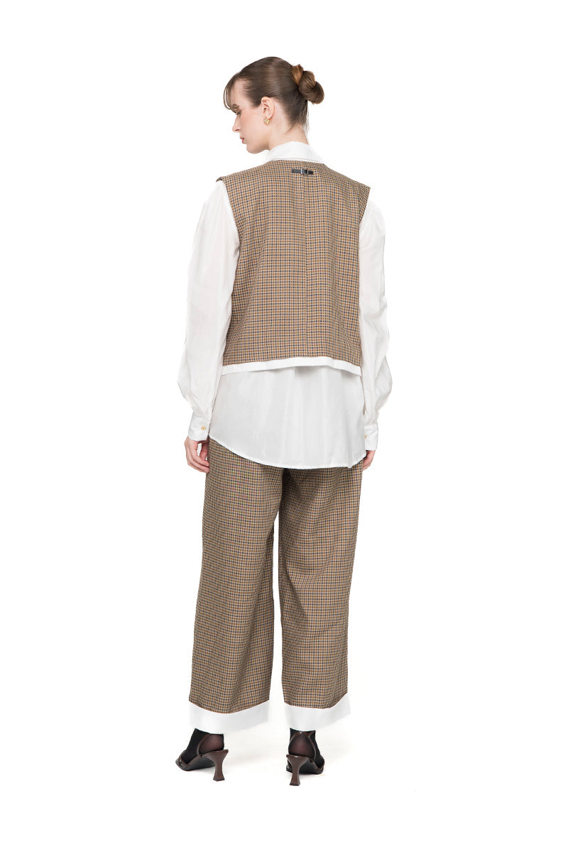 Asymmetric Buttoned Vest With Contrast Hem In Brown Houndstooth