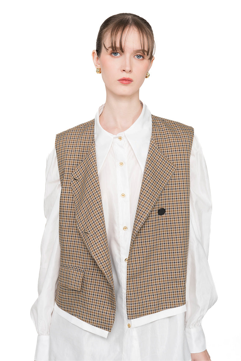 Asymmetric Buttoned Vest With Contrast Hem In Brown Houndstooth
