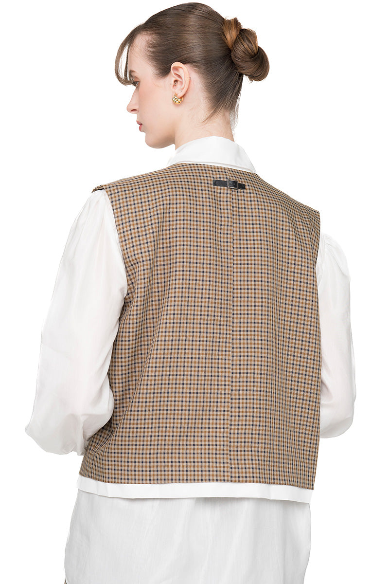 Asymmetric Buttoned Vest With Contrast Hem In Brown Houndstooth