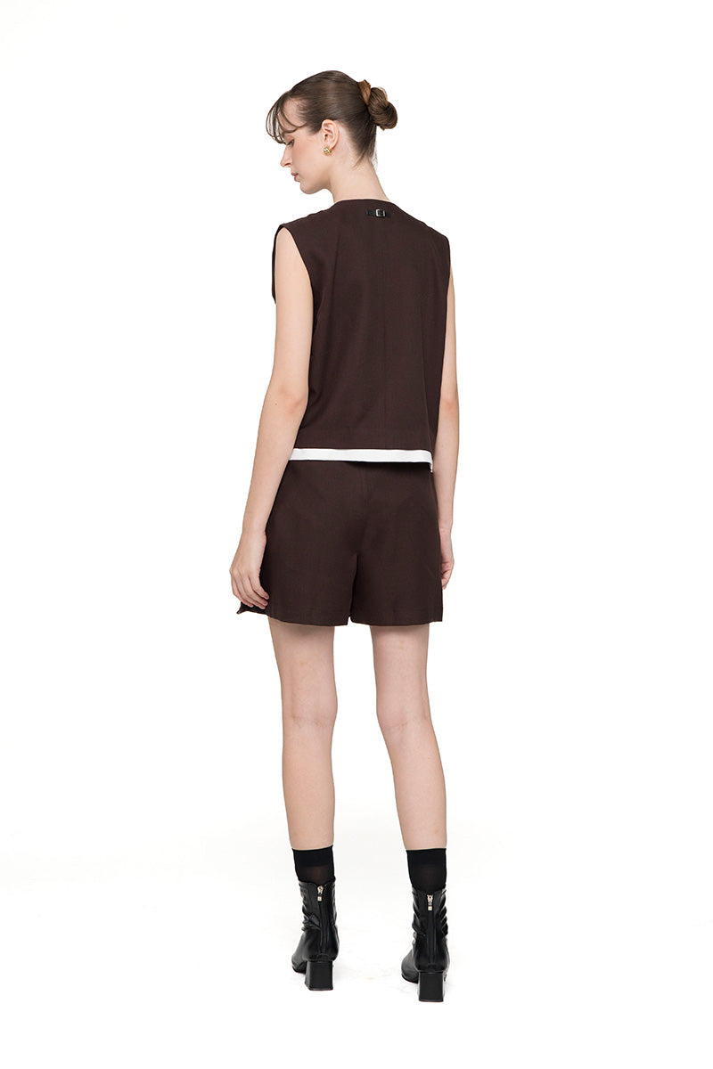 Asymmetric Buttoned Vest With Contrast Hem In Dark Brown