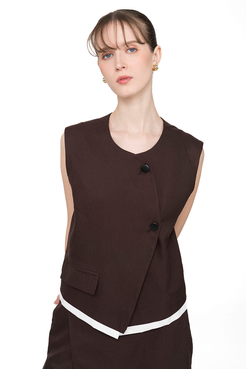 Asymmetric Buttoned Vest With Contrast Hem In Dark Brown