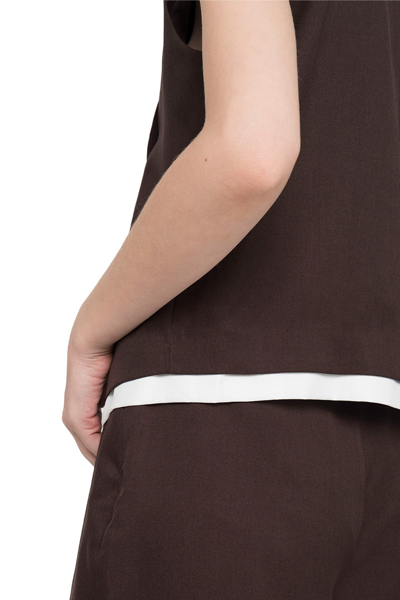 Asymmetric Buttoned Vest With Contrast Hem In Dark Brown