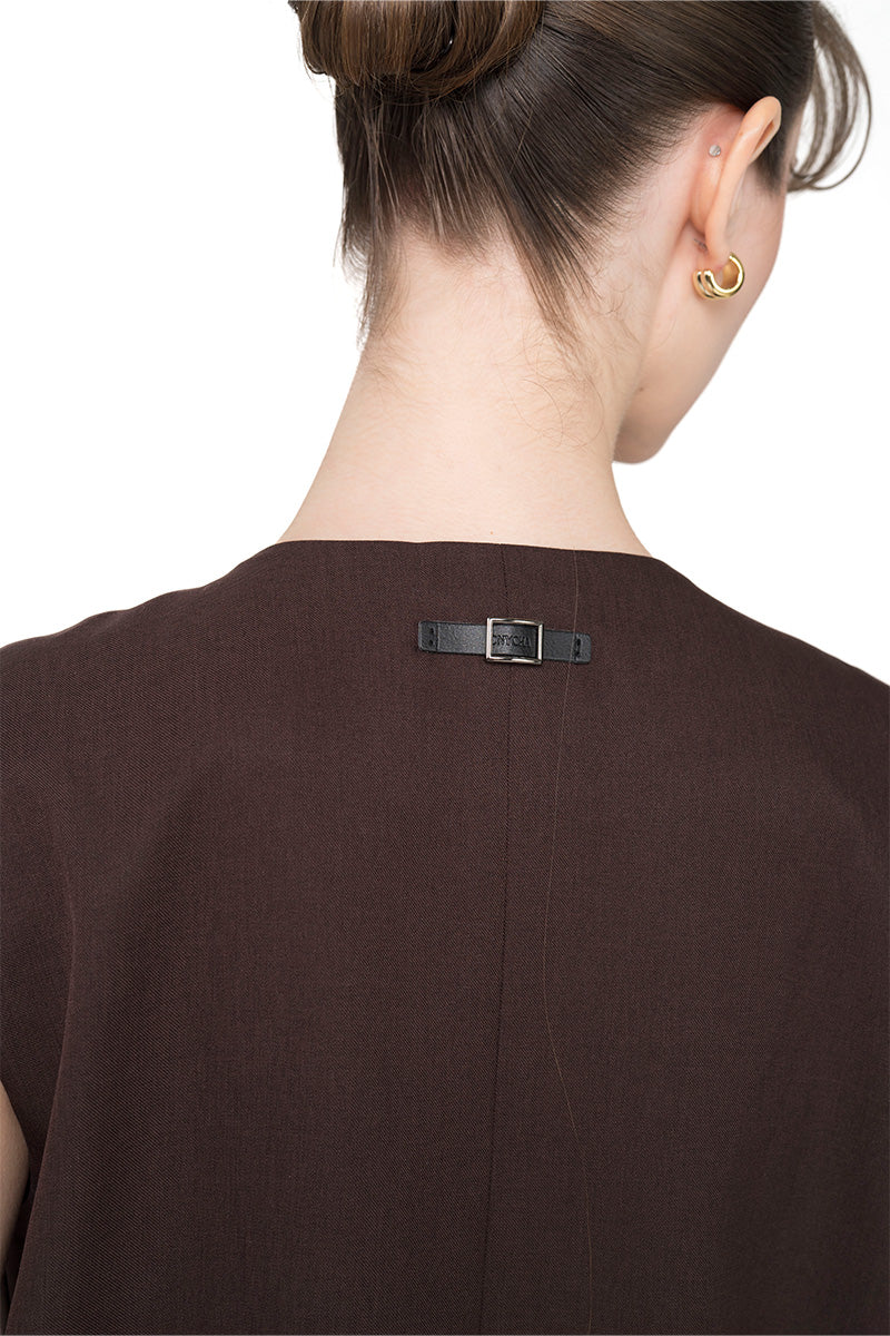 Asymmetric Buttoned Vest With Contrast Hem In Dark Brown