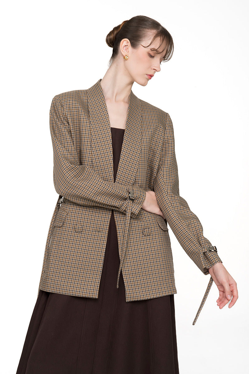 Buckle 15 Long Fitted Blazer In Brown Houndstooth