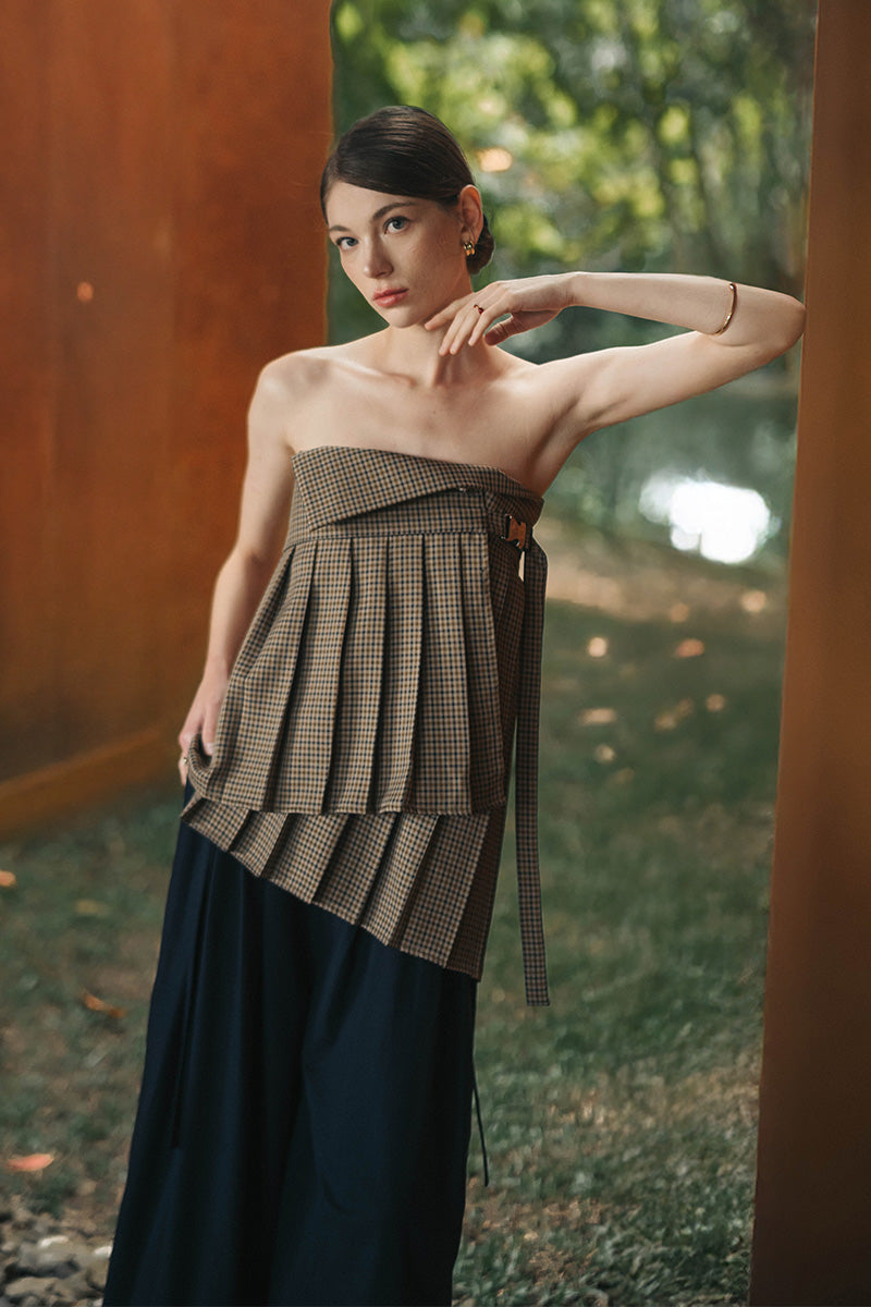 Buckle 25 Flare Pleated Obi In Brown Houndstooth