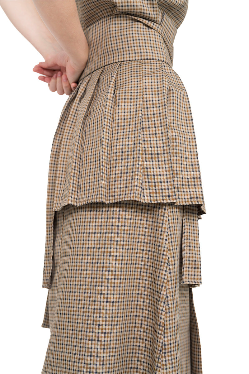 Buckle 25 Flare Pleated Obi In Brown Houndstooth