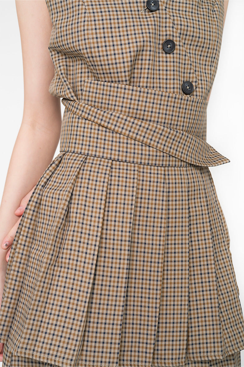 Buckle 25 Flare Pleated Obi In Brown Houndstooth