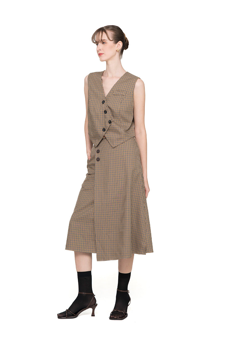 Buttoned Midi Skirt In Brown Houndstooth