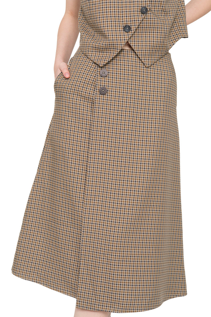 Buttoned Midi Skirt In Brown Houndstooth
