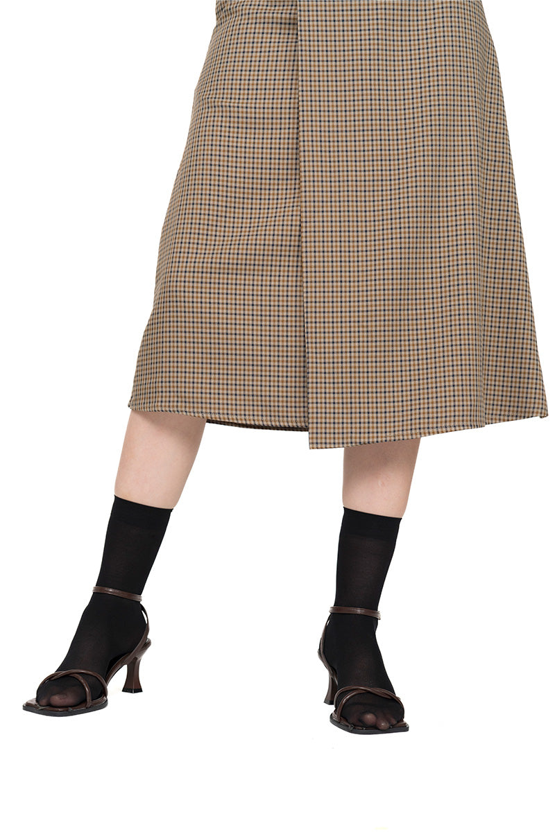 Buttoned Midi Skirt In Brown Houndstooth