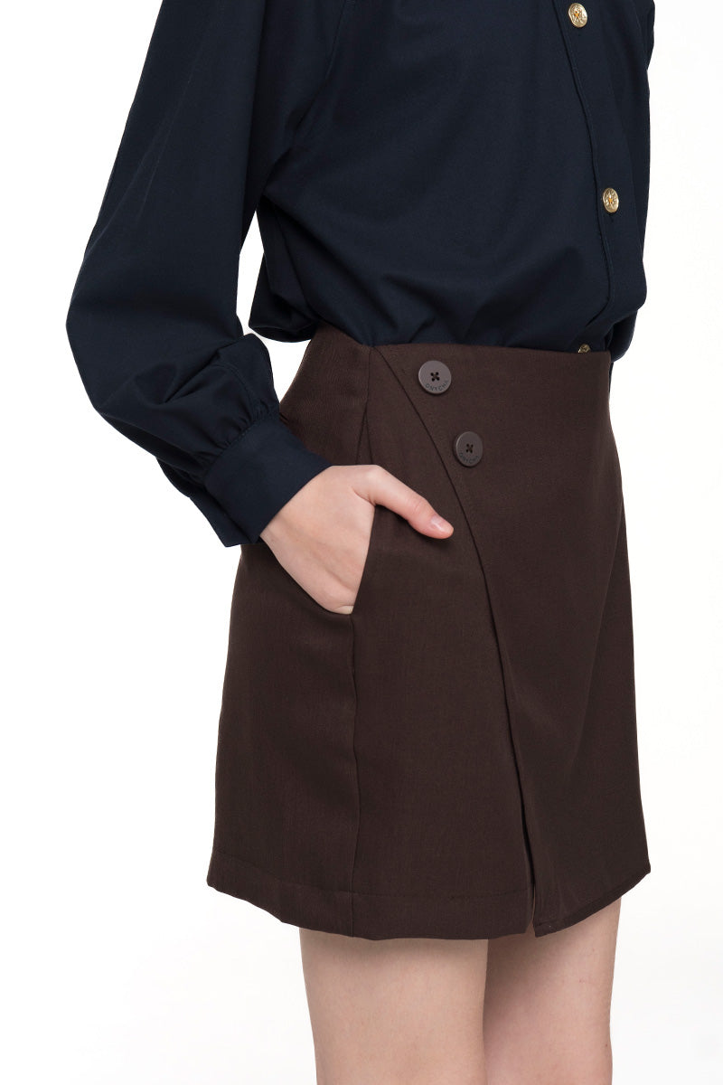Buttoned Mini Skort In Dark Brown