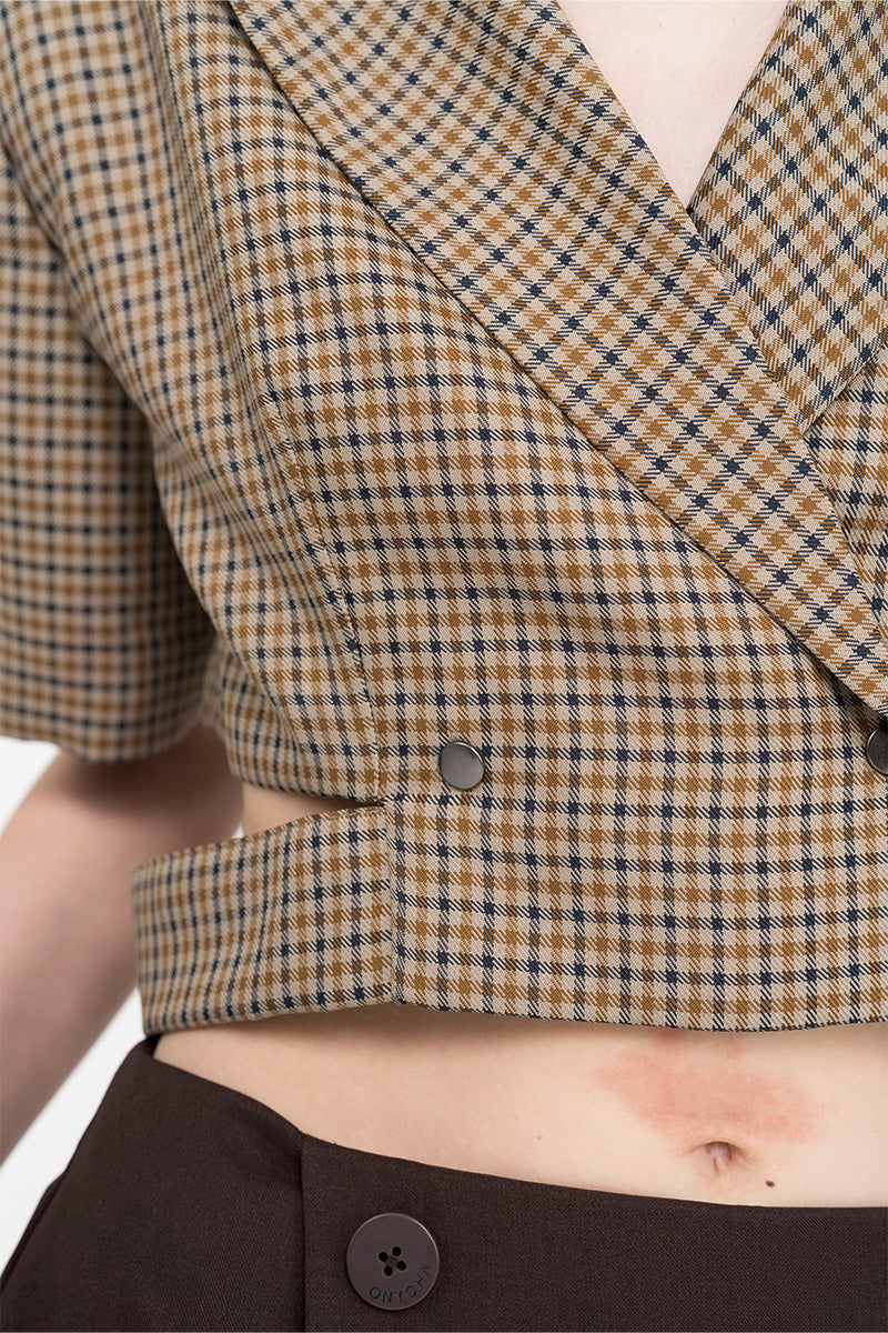 Cropped Blazer With Cutout Details In Brown Houndstooth