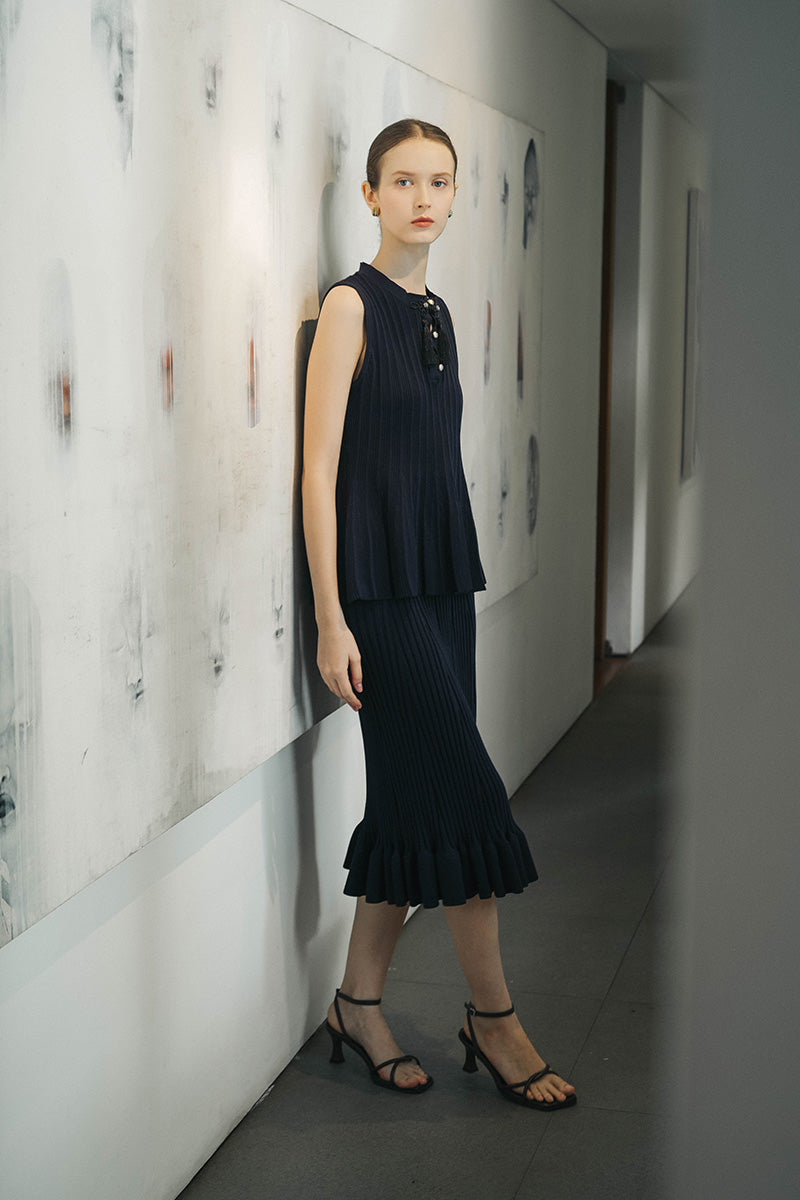 Flare Rib-Knitted Skirt In Midnight Blue