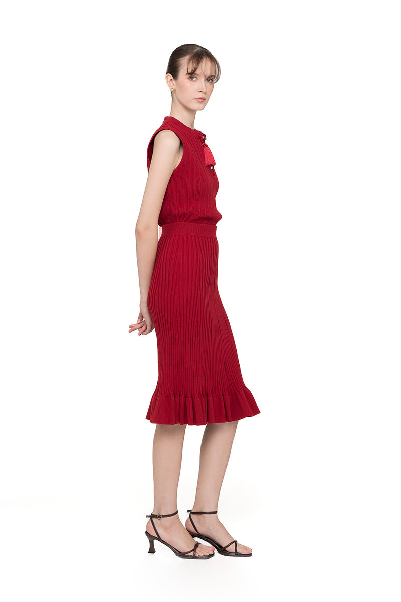 Flare Rib-Knitted Skirt In Ruby Red