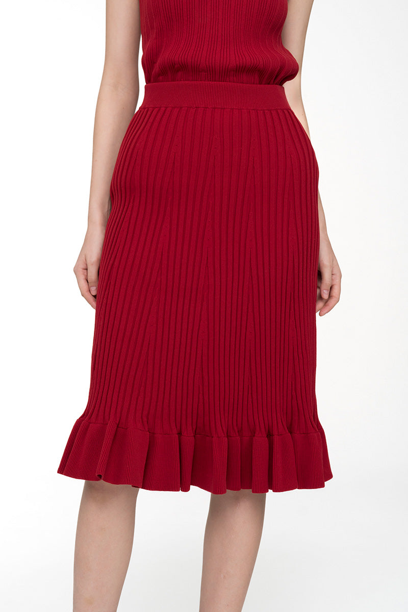 Flare Rib-Knitted Skirt In Ruby Red