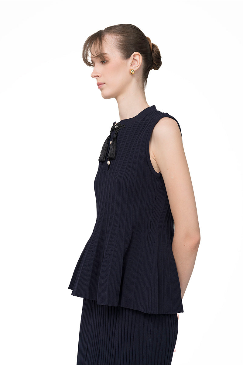 Flare Rib-Knitted Top With Tassel Detail In Midnight Blue