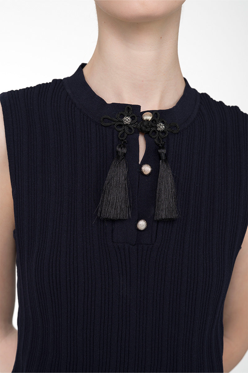Flare Rib-Knitted Top With Tassel Detail In Midnight Blue