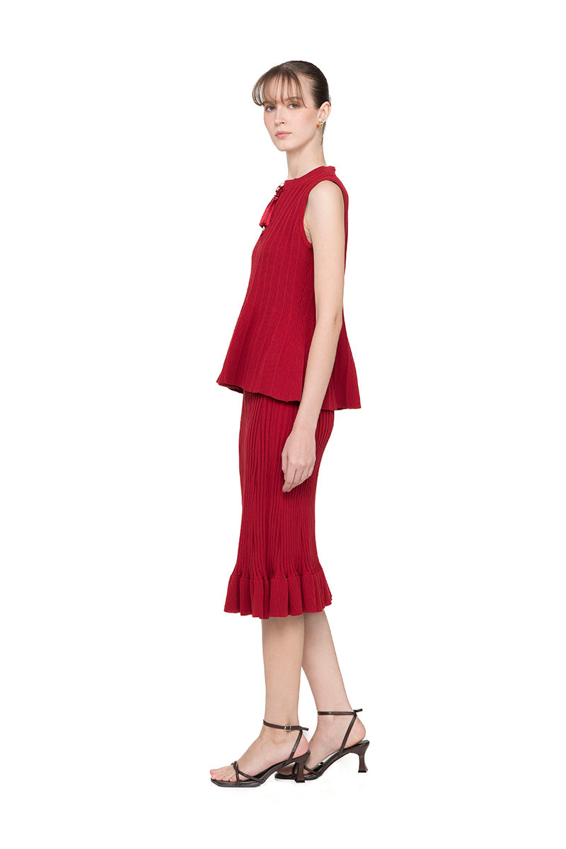 Flare Rib-Knitted Top With Tassel Detail In Ruby Red