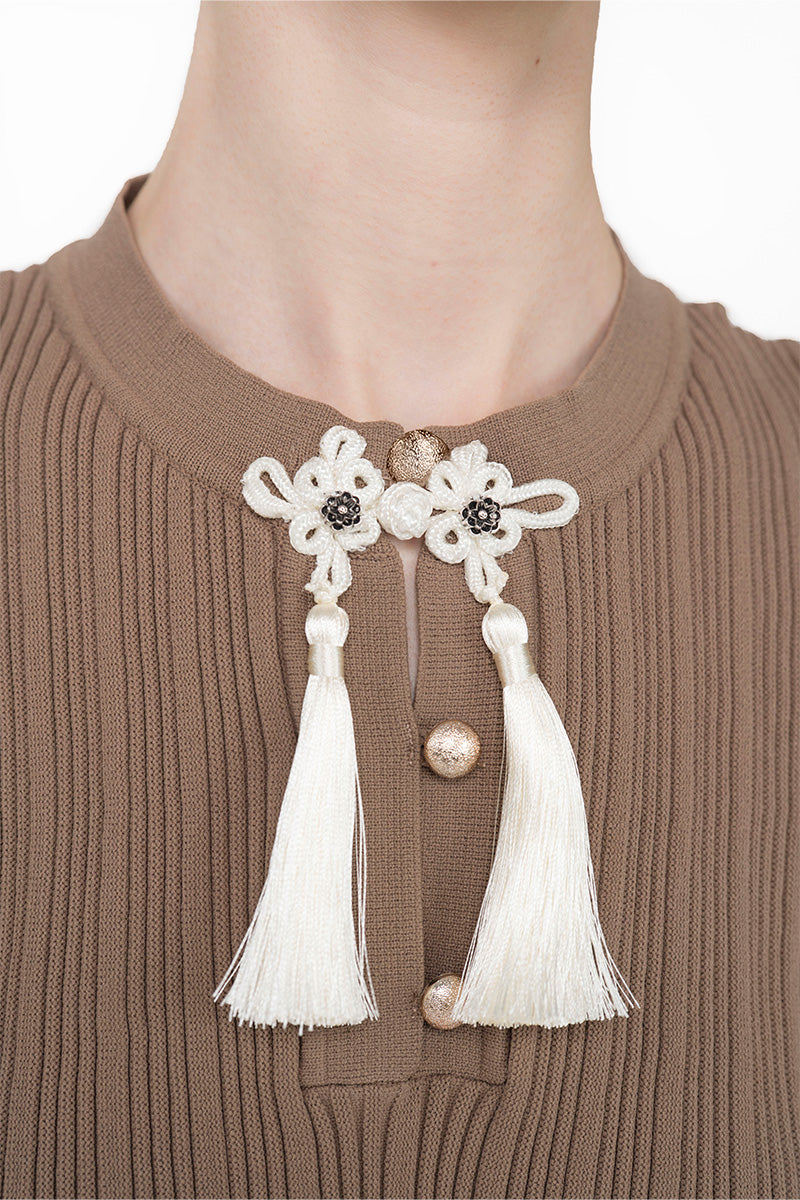 Flare Rib-Knitted Top With Tassel Detail In Taupe