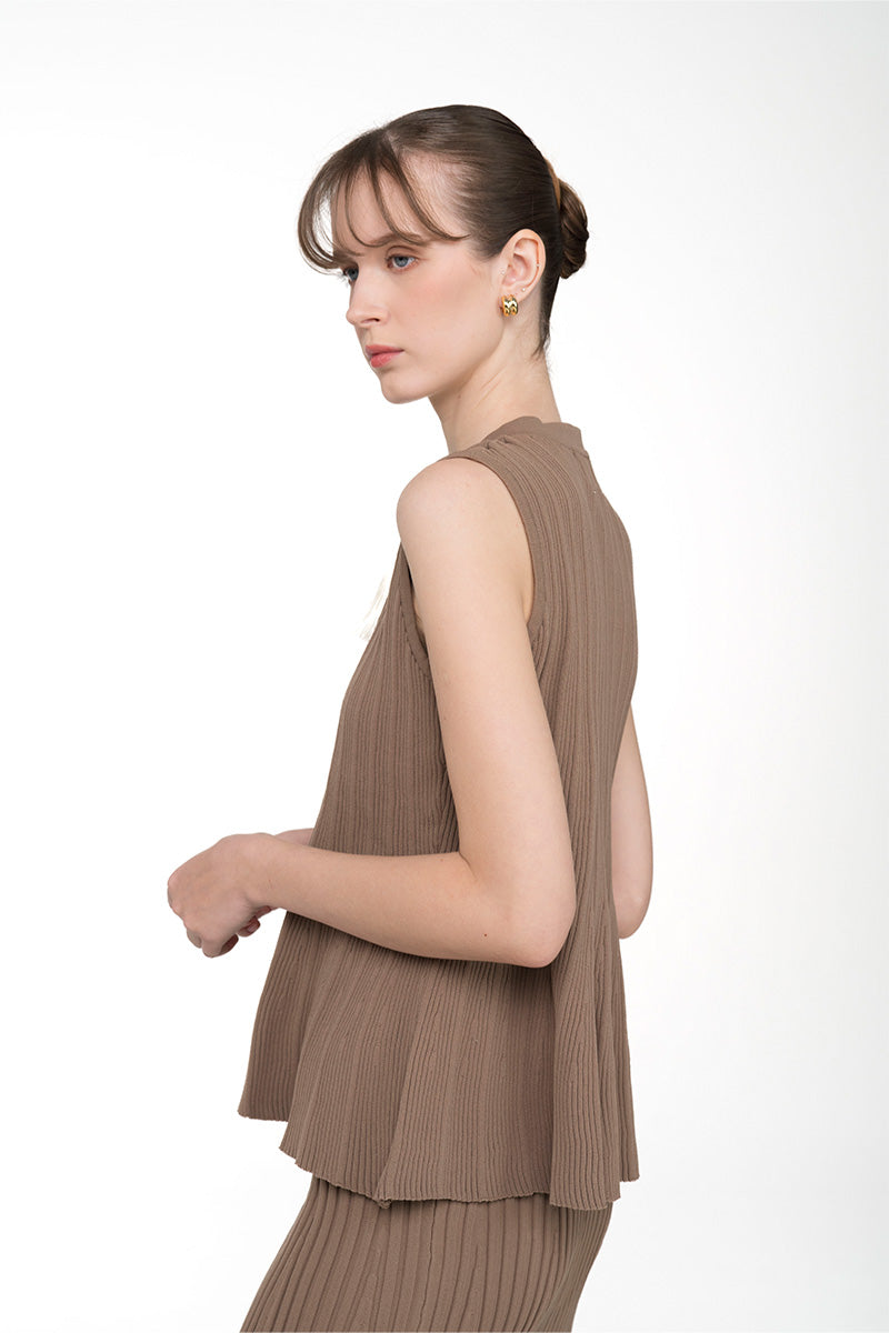 Flare Rib-Knitted Top With Tassel Detail In Taupe