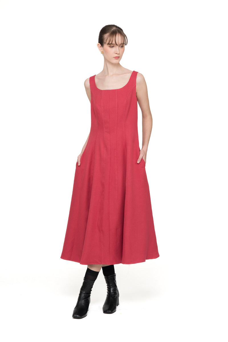 Square Neck Midi Dress In Brick Red