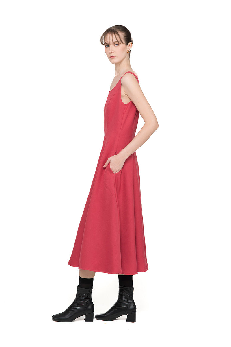 Square Neck Midi Dress In Brick Red