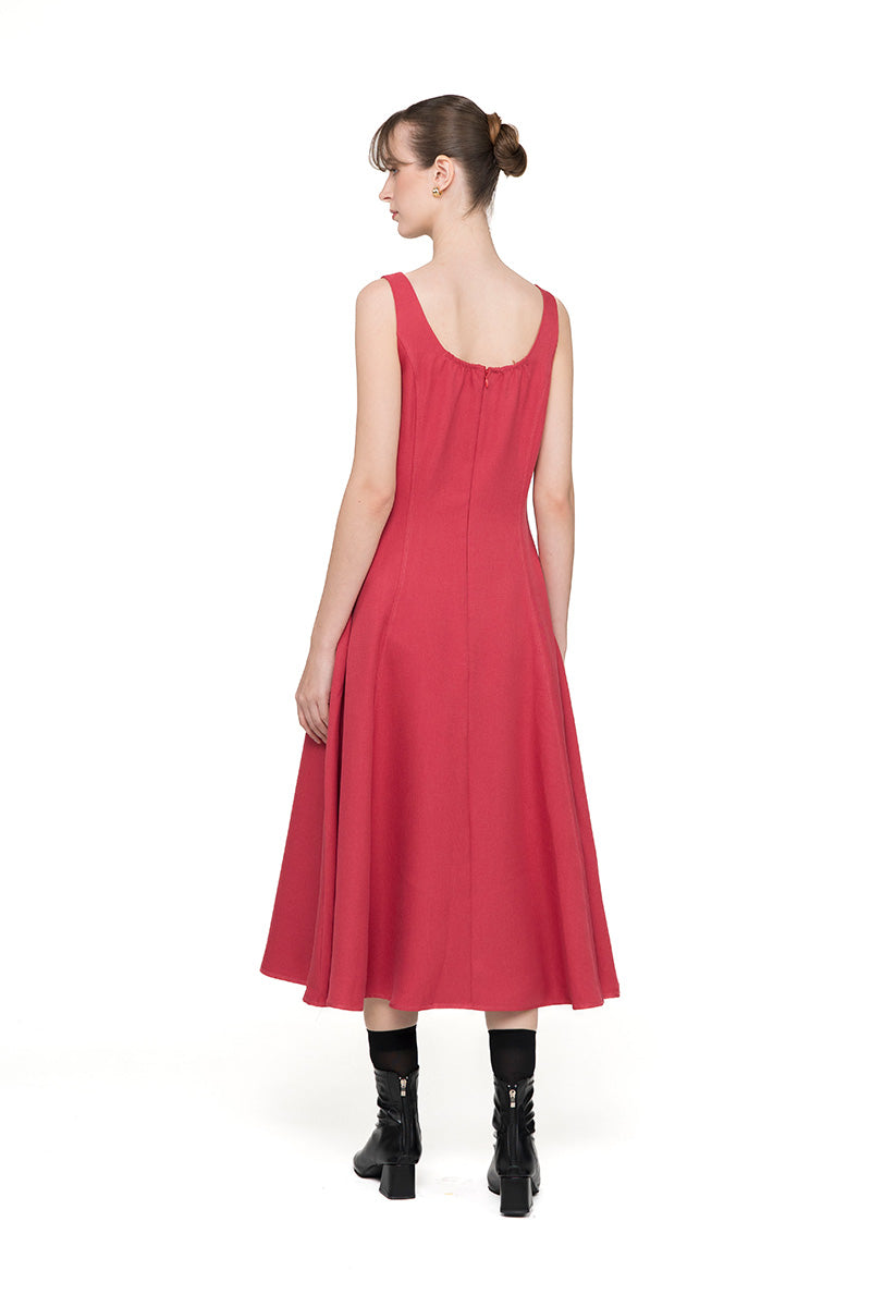 Square Neck Midi Dress In Brick Red
