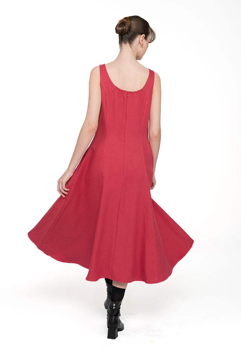 Square Neck Midi Dress In Brick Red