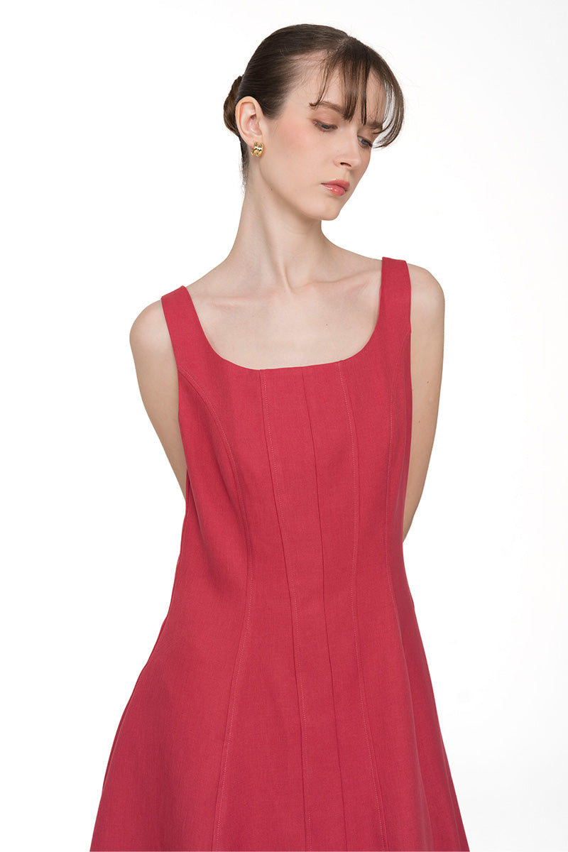 Square Neck Midi Dress In Brick Red