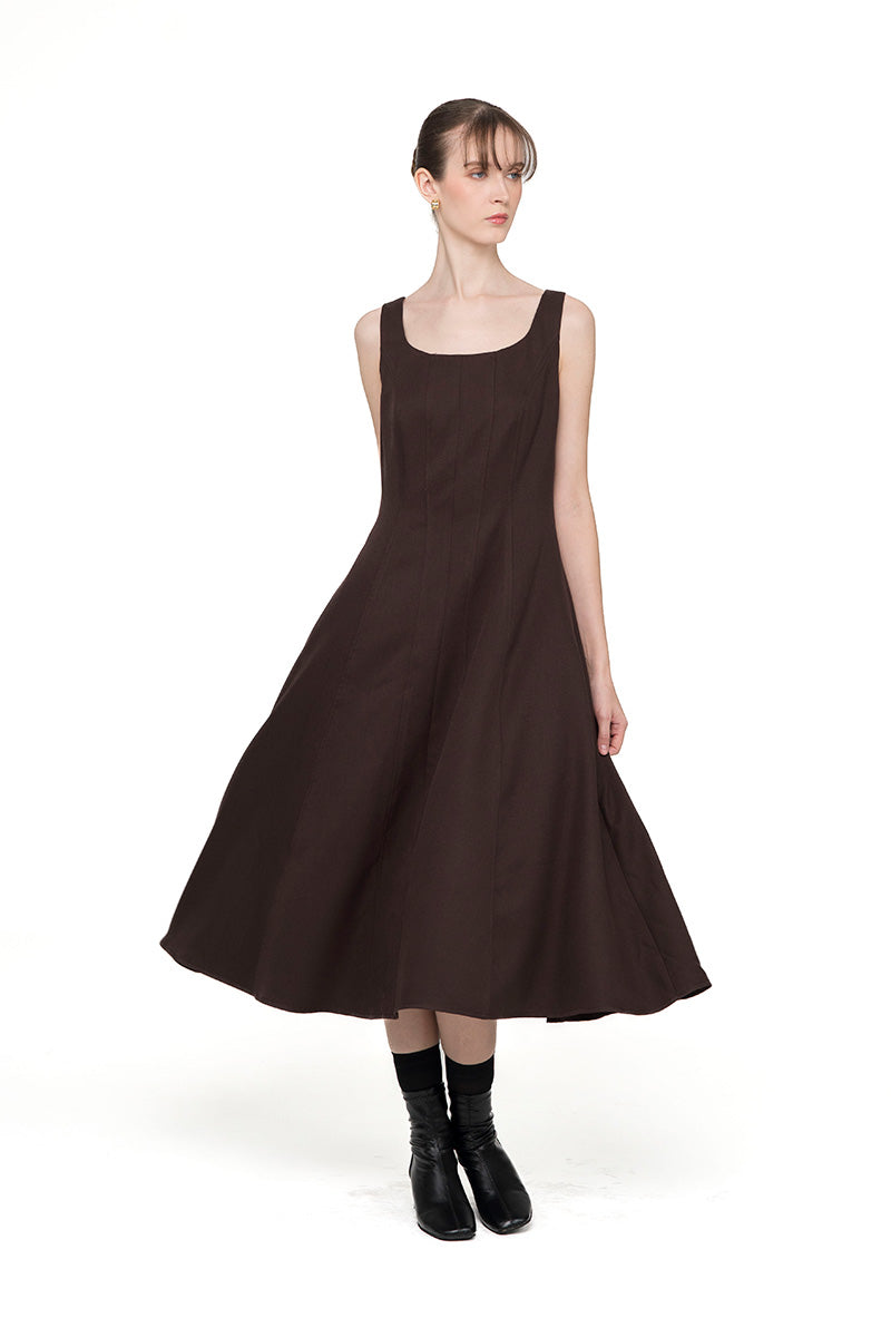Square Neck Midi Dress In Dark Brown
